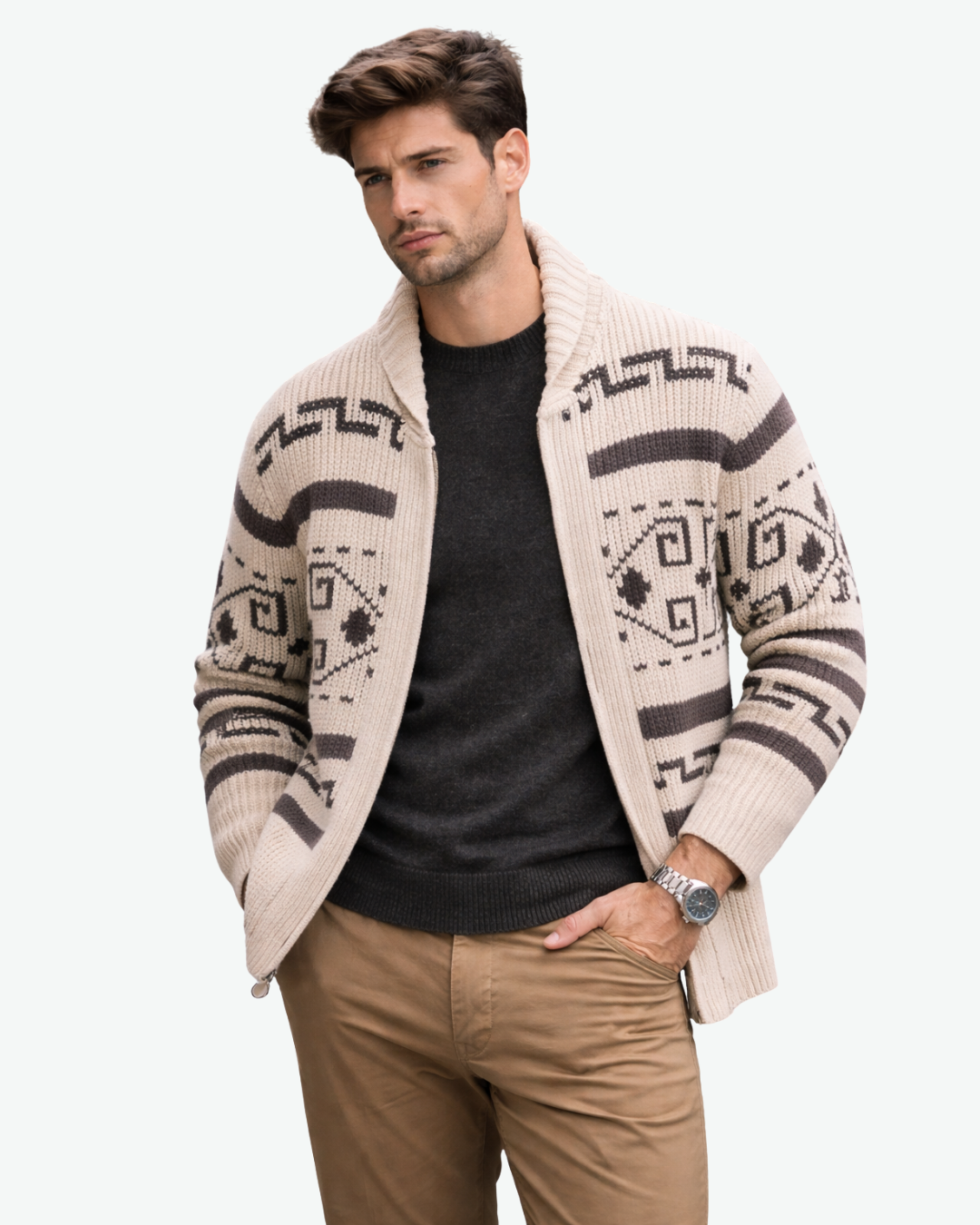 Men’s Jacquard Knit Zip Cardigan with Stand Collar