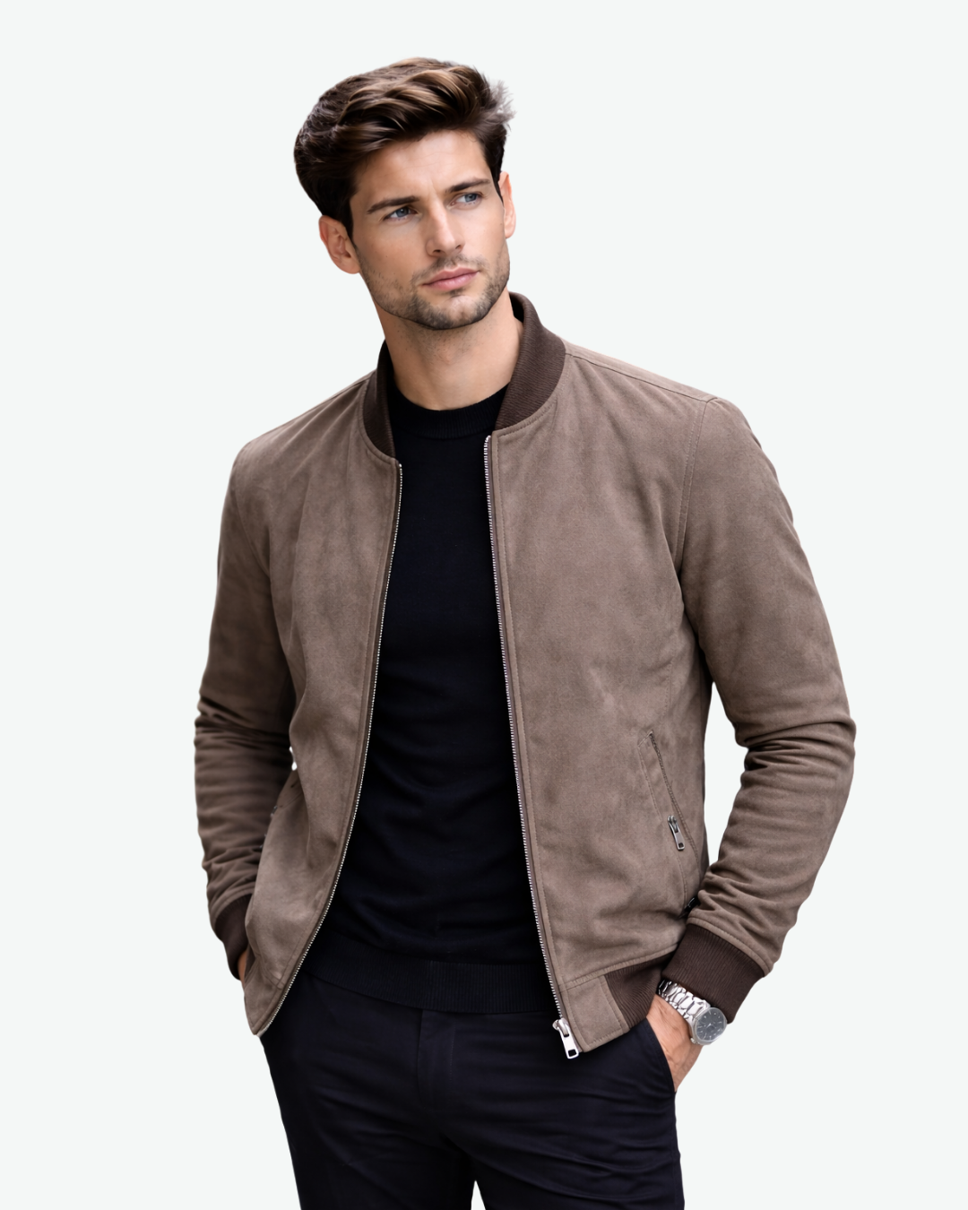 Men’s Suede Bomber Jacket with Ribbed Collar and Zip Closure