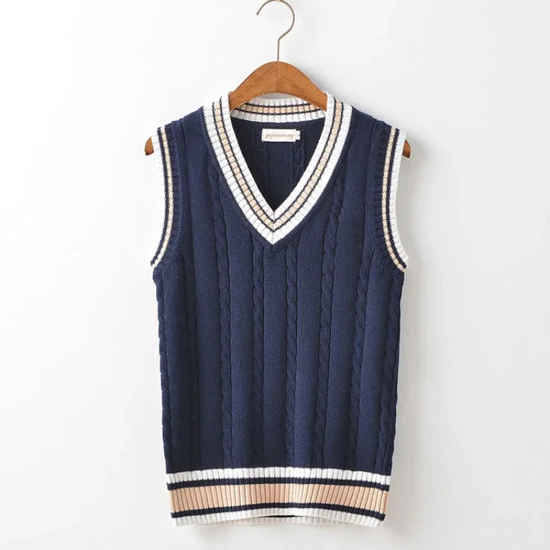 Hugh | Men's Cable Knit V-Neck Sweater Vest with Striped Accents