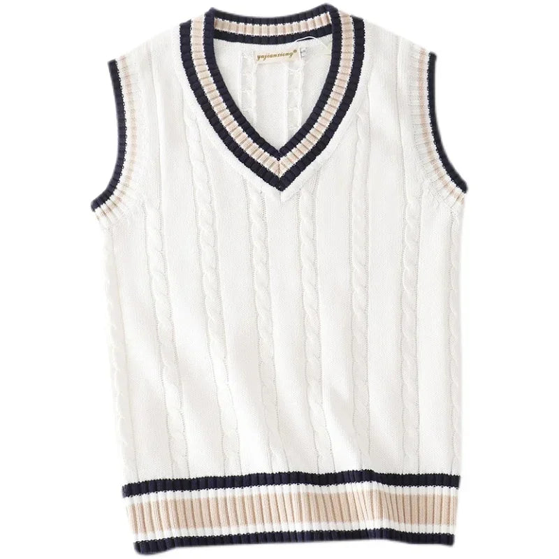Hugh | Men's Cable Knit V-Neck Sweater Vest with Striped Accents