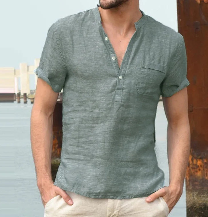 Ned | Men's Short Sleeve Linen Shirt with Stand Collar