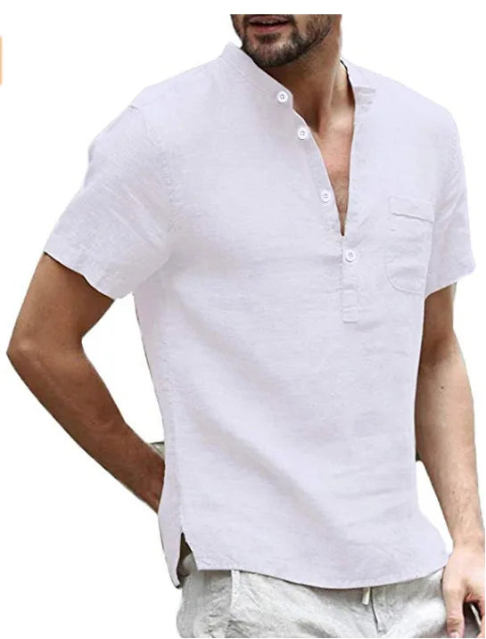 Ned | Men's Short Sleeve Linen Shirt with Stand Collar