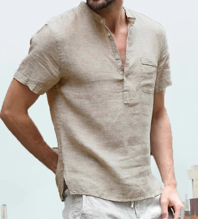 Ned | Men's Short Sleeve Linen Shirt with Stand Collar