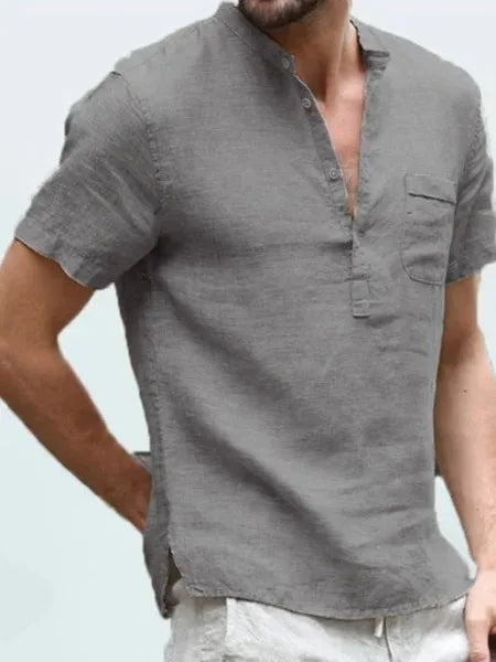 Ned | Men's Short Sleeve Linen Shirt with Stand Collar