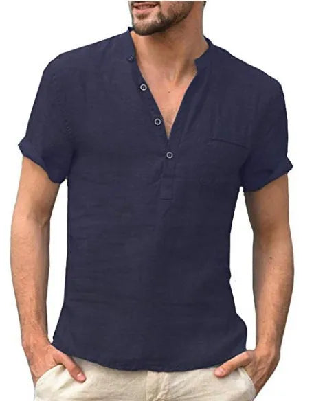 Ned | Men's Short Sleeve Linen Shirt with Stand Collar