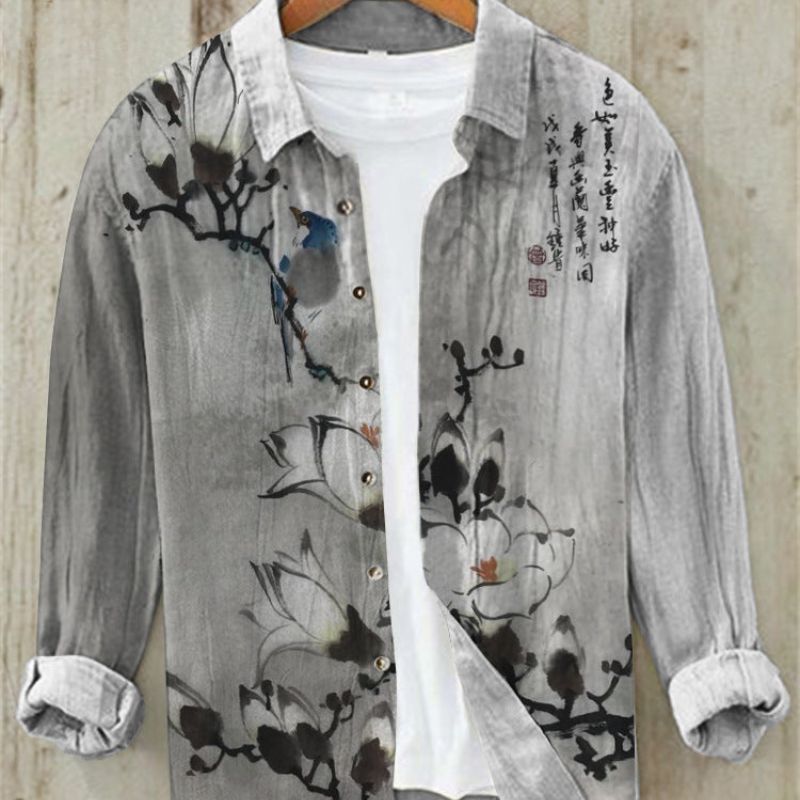Ren | Men's Vintage Japanese Art Print Linen Shirt