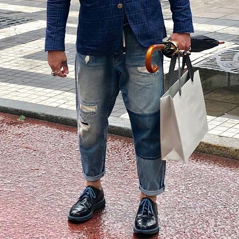 Tobby | Men's Vintage Washed Patchwork Distressed Denim Jeans