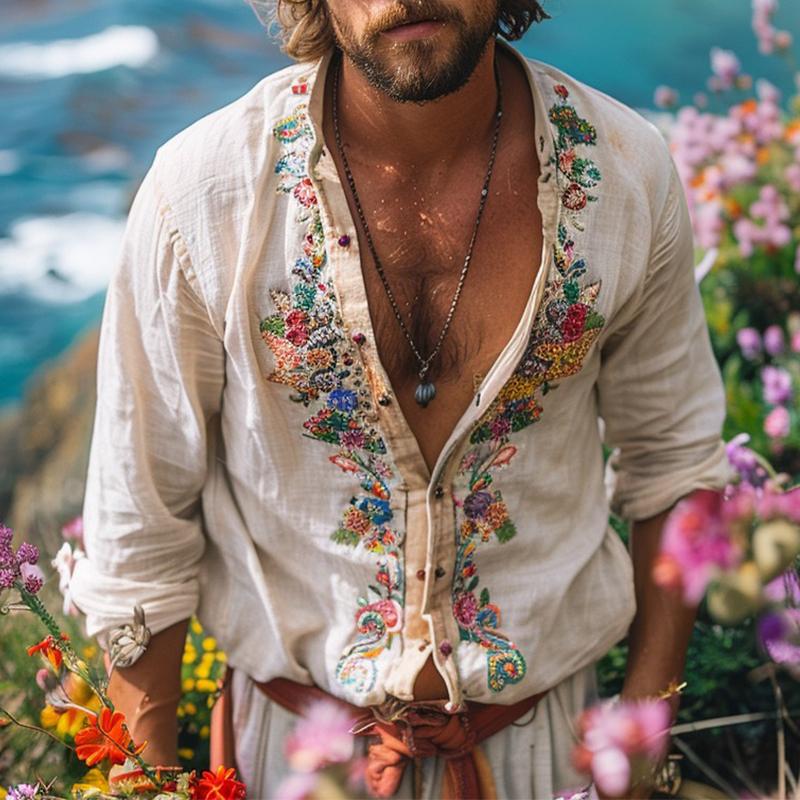 Robert | Men's Bohemian Grandad Collar Linen Shirt