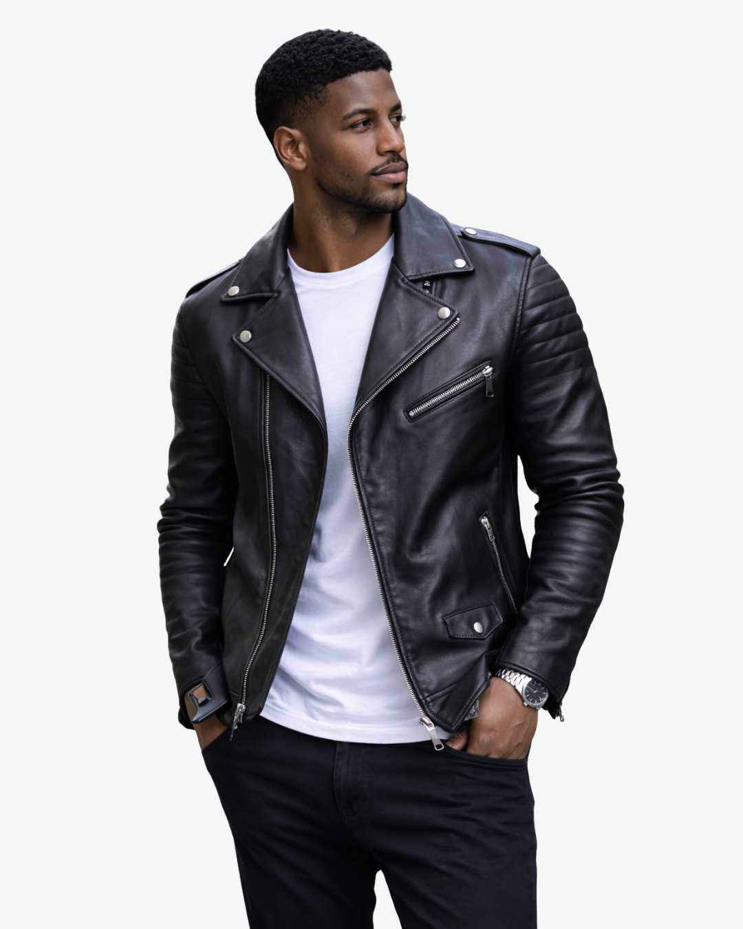 Men’s Biker Jacket with Asymmetric Zip and Quilted Sleeves