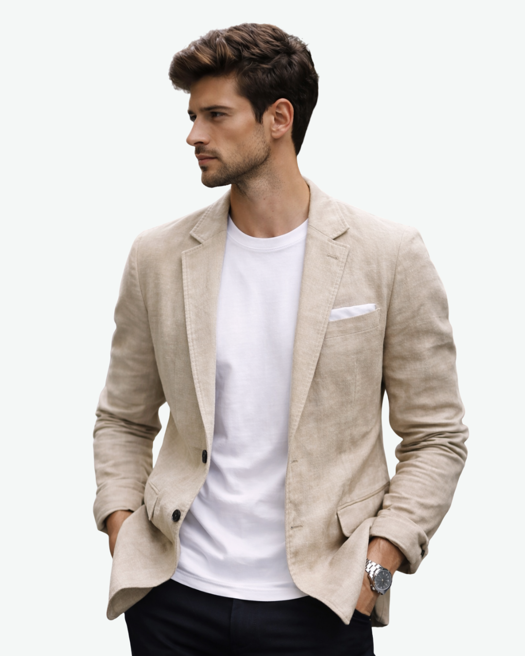 Men’s Linen Blend Blazer Jacket with Notch Lapel and Patch Pockets
