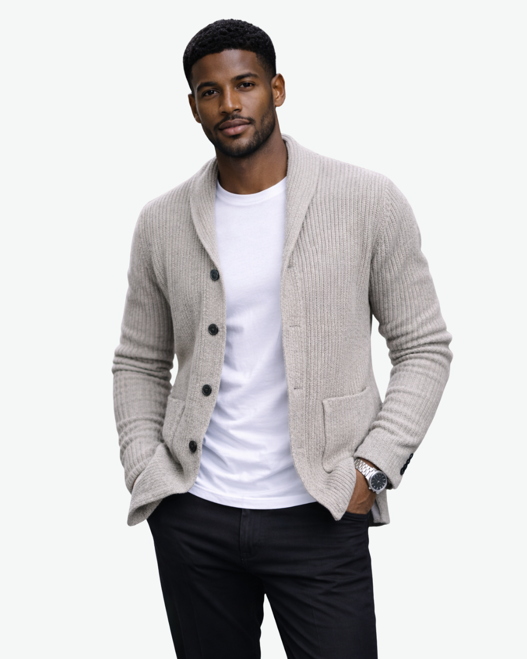 Men’s Ribbed Knit Cardigan with Shawl Collar and Button Closure