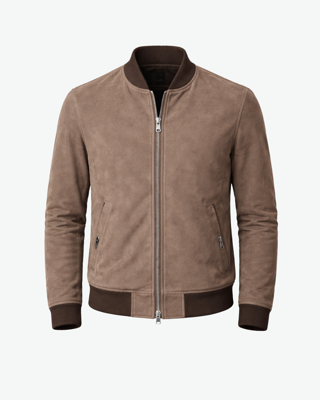 Men’s Suede Bomber Jacket with Ribbed Collar and Zip Closure