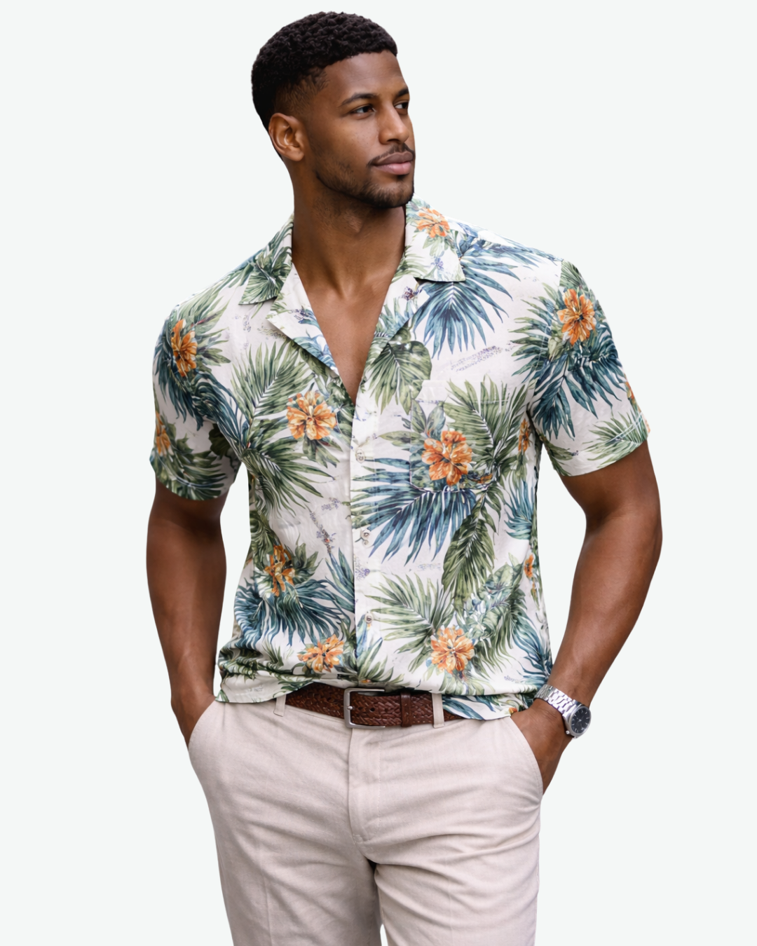 Men’s Tropical Print Short Sleeve Button-Up Shirt