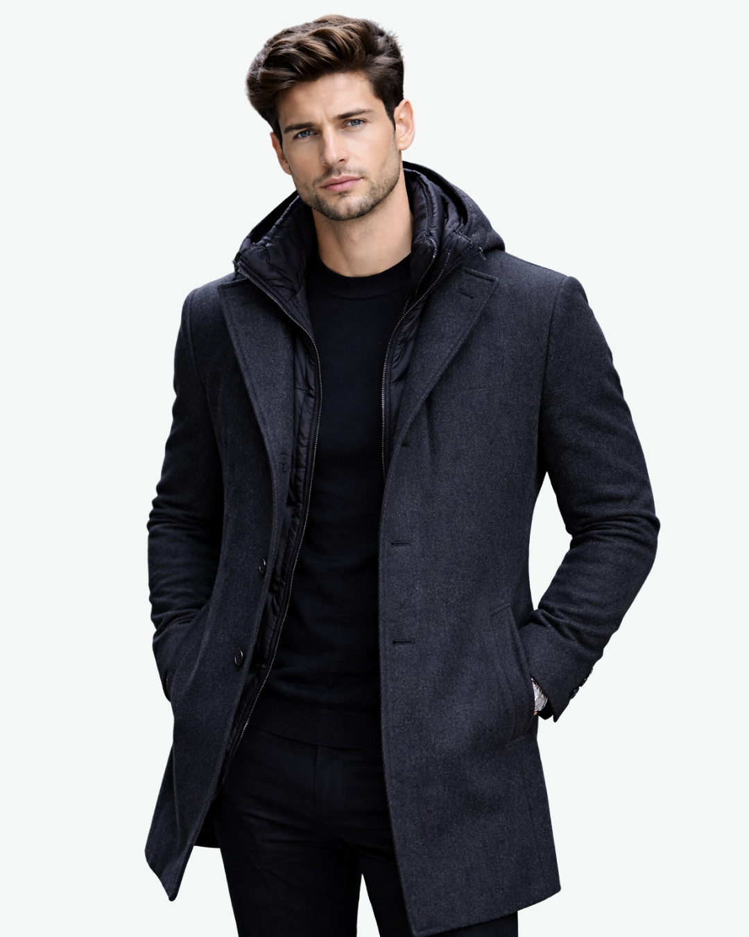 Men’s Wool Blend Overcoat with Removable Hooded Insert