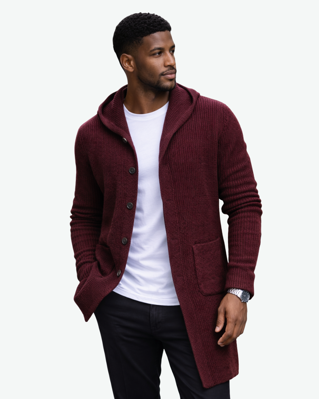 Men’s Longline Ribbed Knit Cardigan with Shawl Collar