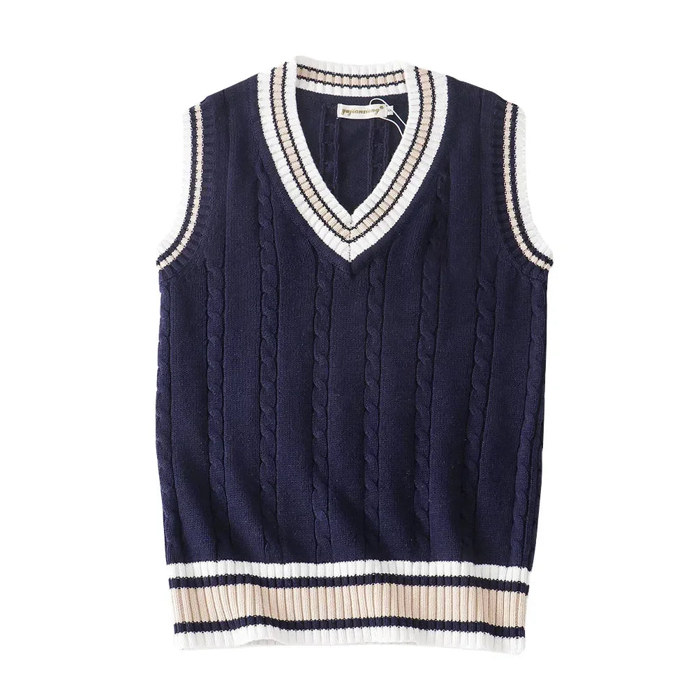 Hugh | Men's Cable Knit V-Neck Sweater Vest with Striped Accents
