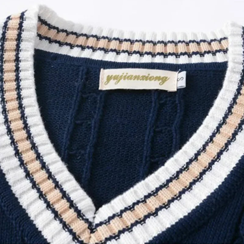 Hugh | Men's Cable Knit V-Neck Sweater Vest with Striped Accents