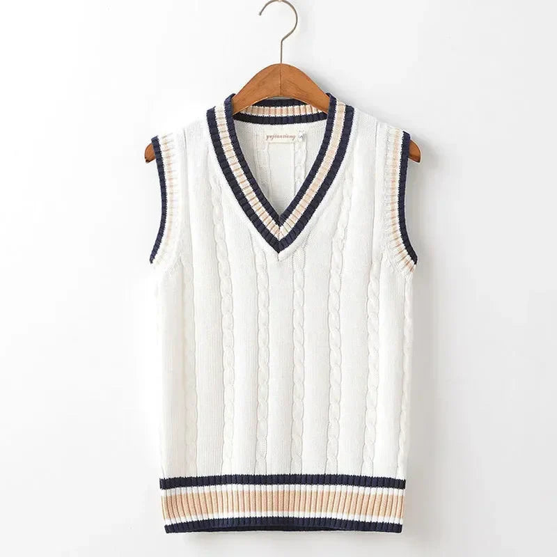 Hugh | Men's Cable Knit V-Neck Sweater Vest with Striped Accents