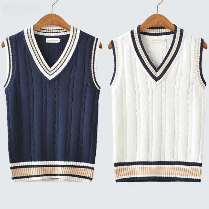 Hugh | Men's Cable Knit V-Neck Sweater Vest with Striped Accents
