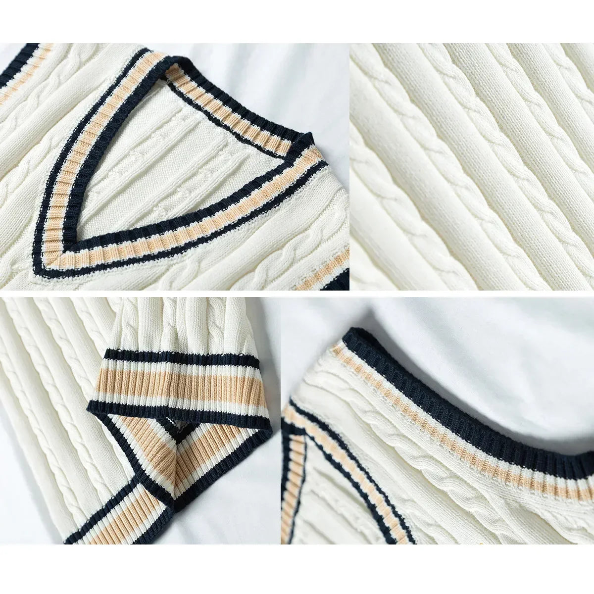 Hugh | Men's Cable Knit V-Neck Sweater Vest with Striped Accents