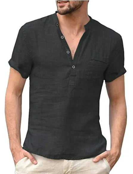 Ned | Men's Short Sleeve Linen Shirt with Stand Collar
