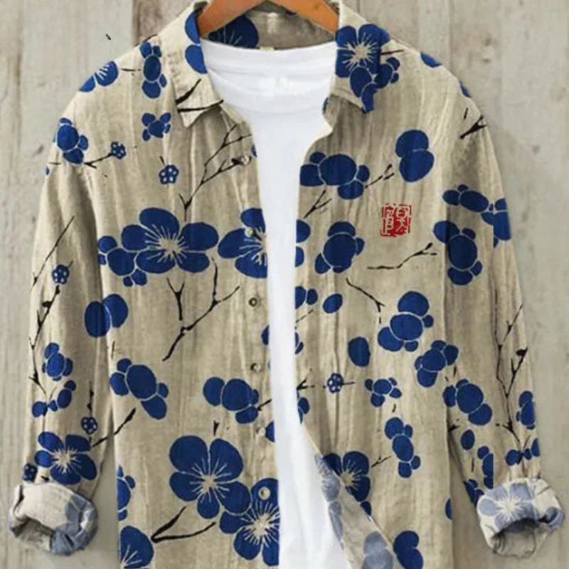 Ren | Men's Vintage Japanese Art Print Linen Shirt