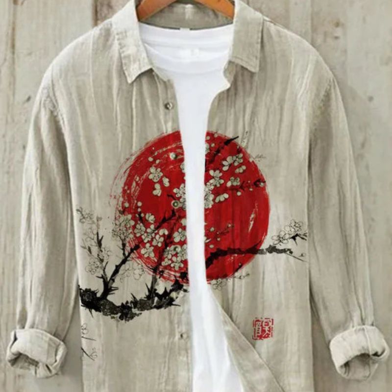 Ren | Men's Vintage Japanese Art Print Linen Shirt