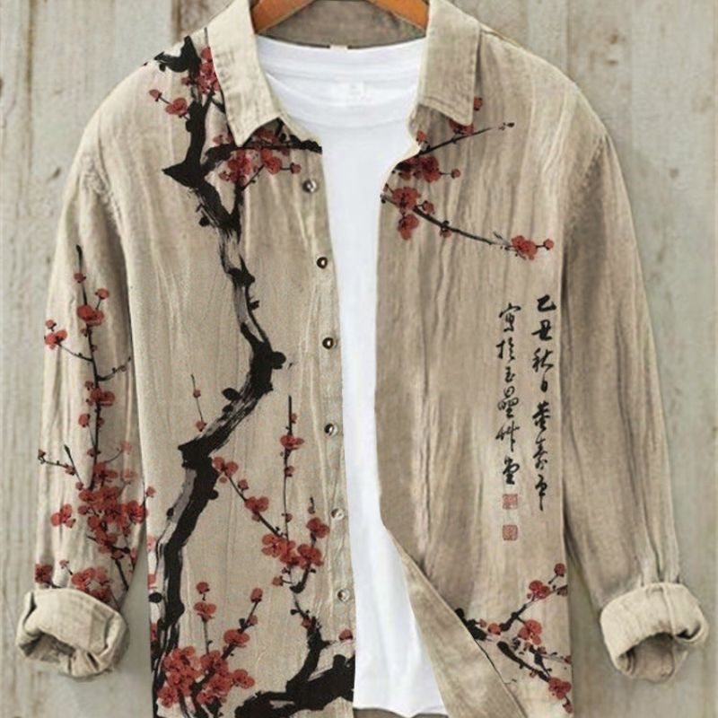 Ren | Men's Vintage Japanese Art Print Linen Shirt