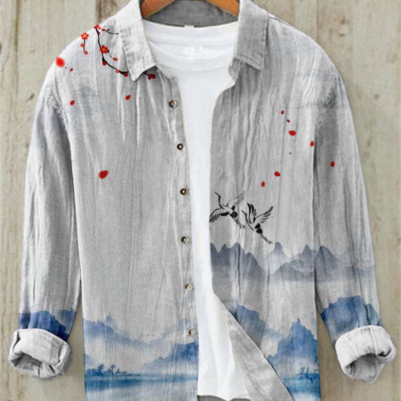 Ren | Men's Vintage Japanese Art Print Linen Shirt