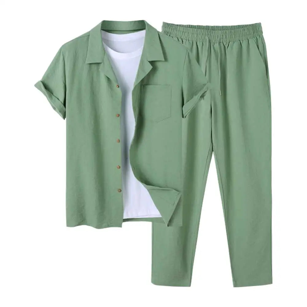 June | Men's Casual Linen Short Sleeve Shirt & Pants Set
