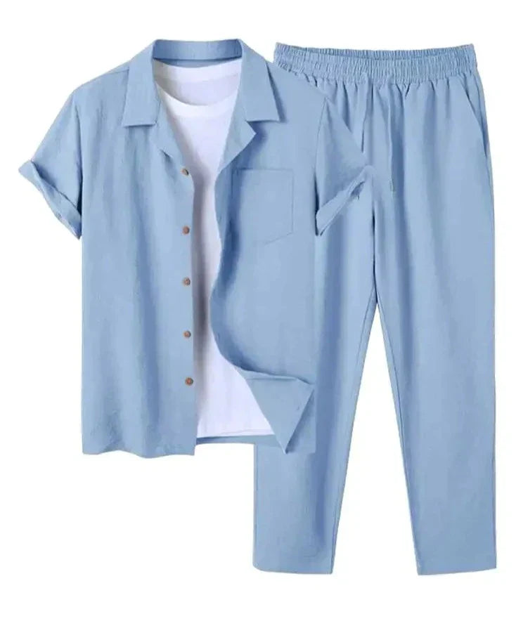 June | Men's Casual Linen Short Sleeve Shirt & Pants Set
