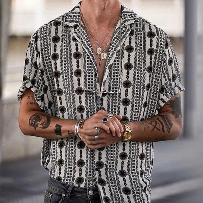 Matt | Men's Printed Striped Lapel Short Sleeve Shirt