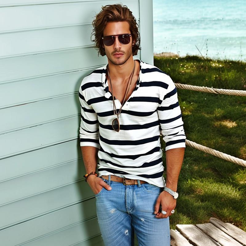 Nate | Men's Long Sleeve Striped Henley T-Shirt