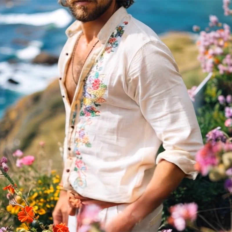 Robert | Men's Bohemian Grandad Collar Linen Shirt