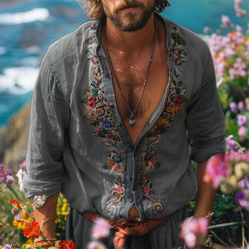 Robert | Men's Bohemian Grandad Collar Linen Shirt